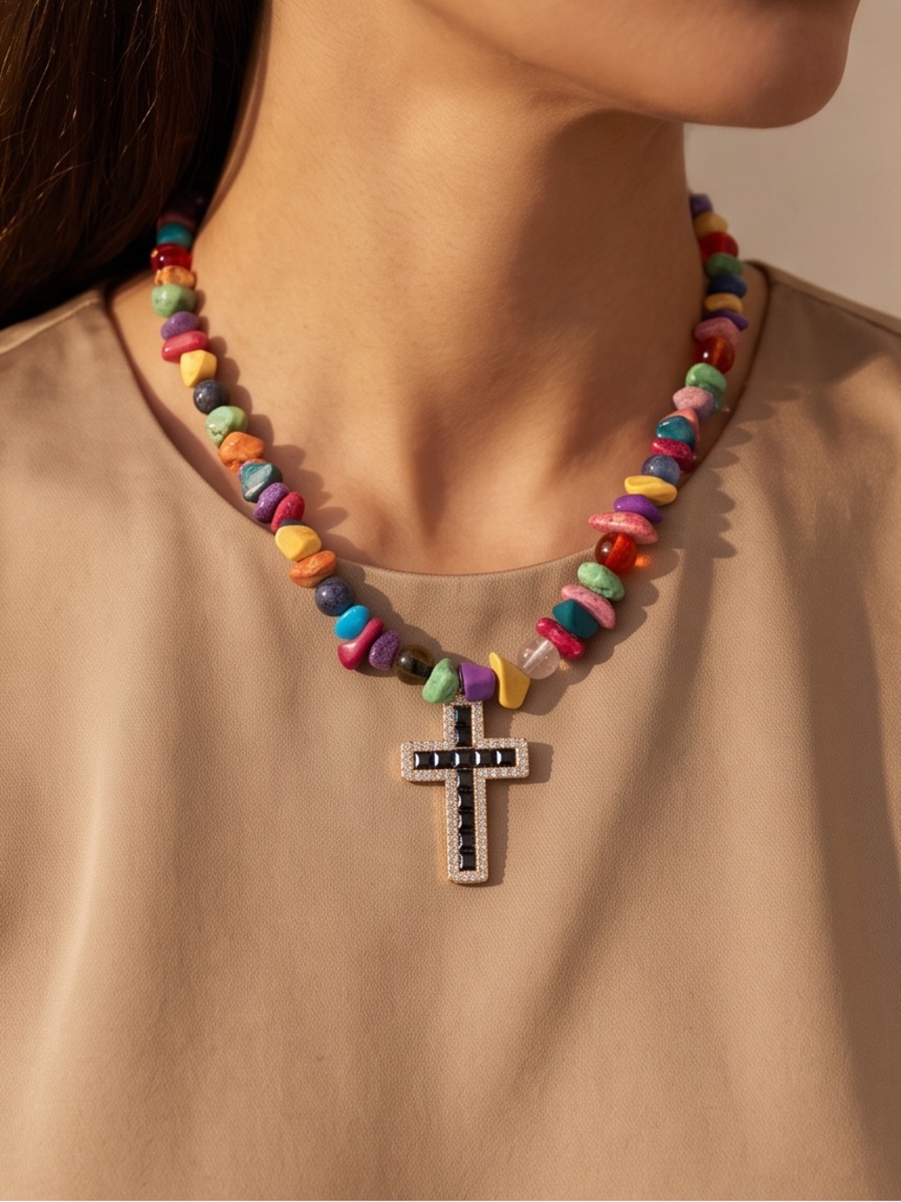 Multicolor Beaded Necklace with Cross Pendant 20 inch magnetic clasp